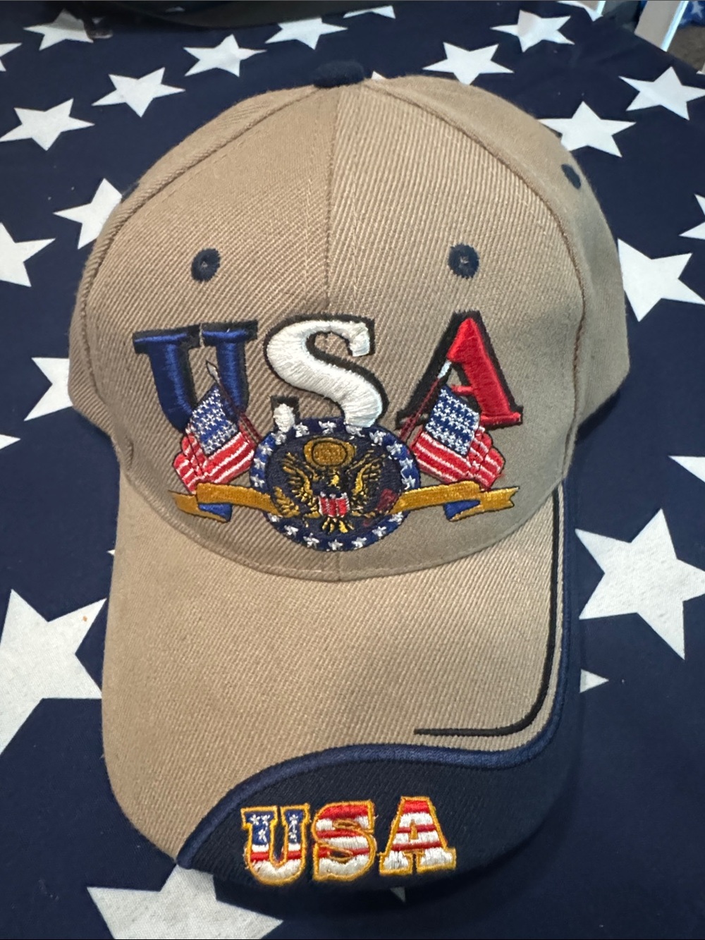 USA Embroidered Khaki Baseball Cap with Navy Trim
